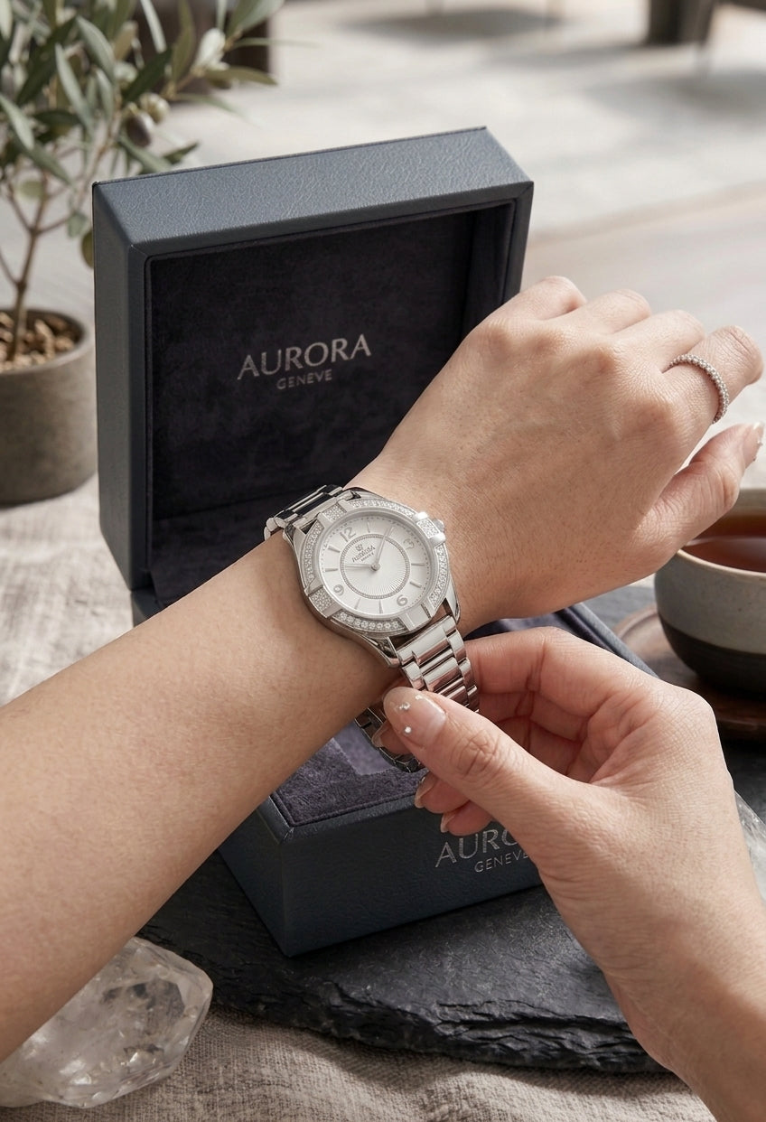 women's watch, silver, white dial